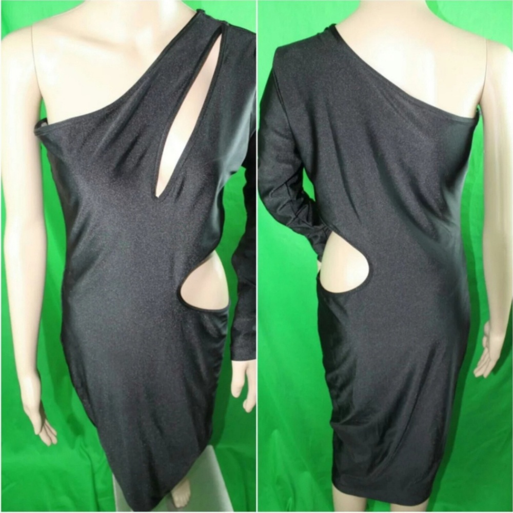 KTOO Womens Large Sexy Black One Shoulder Sleeve Cutout Party Club Dress